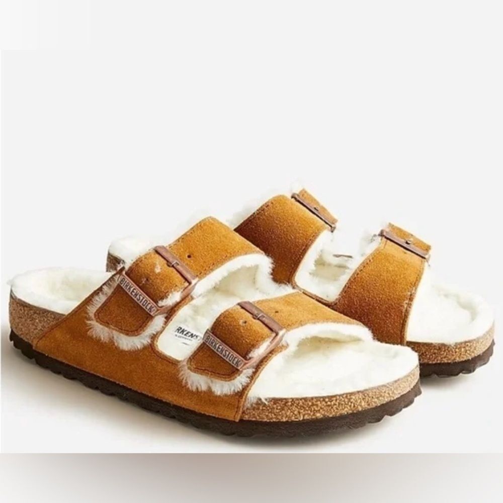 Birkenstock, Arizona Shearling & Suede Slides Mink Natural 41 size 11 NEW
